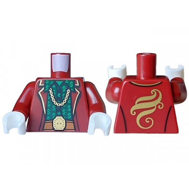 dark red torso jacket open over dark green shirt with buttons and bright green dollar signs dark orange belt with gold minifigure head buckle chain necklace swirl logo on back pattern dark red arms white hands