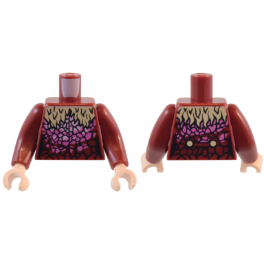 dark red torso female coat with tan shaggy fur collar and bright pink dark pink and black animal scales cracks pattern dark red arms long light nougat hands