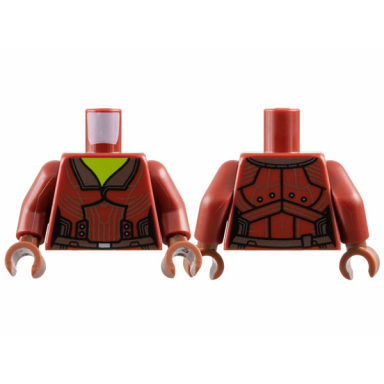 dark red torso female jacket reddish brown lapels and belt lime neck pattern dark red arms reddish brown hands
