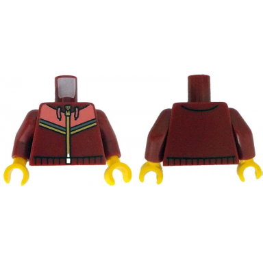 dark red torso jogging suit jacket with zipper drawstrings and coral sand blue and gold stripes pattern dark red arms yellow hands