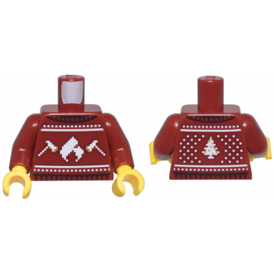 dark red torso knit fair isle holiday sweater with white and gold fire logo axes and christmas tree pattern dark red arms yellow hands