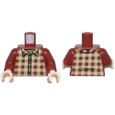 dark red torso plaid shirt with tan and dark tan squares collar and buttons over olive green shirt pattern dark red arms light nougat hands