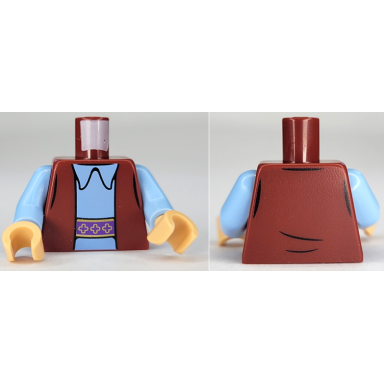 dark red torso vest open over bright light blue shirt dark purple sash with gold crosses and trim pattern bright light blue arms medium tan hands