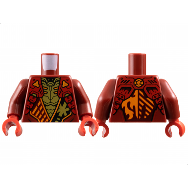 dark red torso armored tunic with red shoulder panels orange trim and gold ninjago logogram letter k over chest armor fire dragon logo on back pattern dark red arms red hands