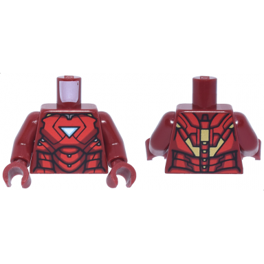 dark red torso armor with metallic light blue and white triangle arc reactor red panels gold trim on back pattern iron man mark 6 dark red arms dark red hands