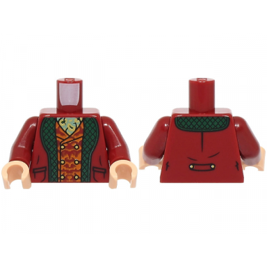 dark red torso jacket open with pockets and dark green lapels dark orange ornate vest sand green and gold ascot pattern dark red arms light nougat hands