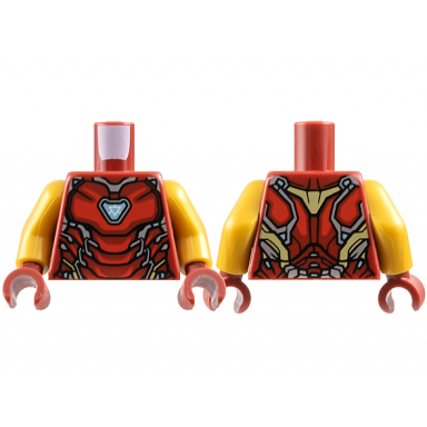 dark red torso armor with thick red markings metallic light blue triangular arc reactor silver and gold trim pattern pearl gold arms dark red hands