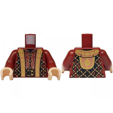 dark red torso robe with hood copper filigree and dots gold lattice hems and belt buckle pattern dark red arms light nougat hands