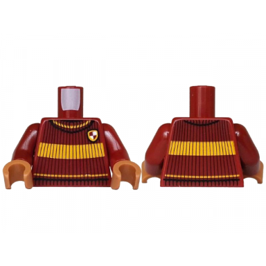 dark red torso knit sweater with yellow stripes and gryffindor shield pattern dark red arms medium nougat hands