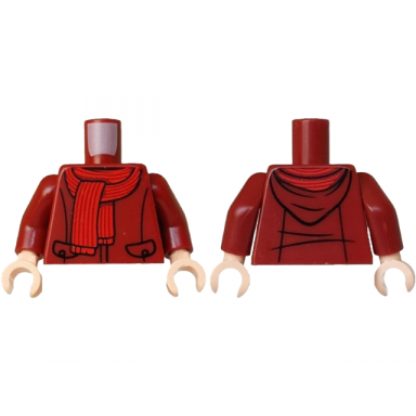 dark red torso hoodie with black trim and pockets red striped scarf pattern dark red arms light nougat hands