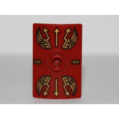 dark red minifigure shield rectangular curved scutum with stud with gold lightning wings and arrows pattern