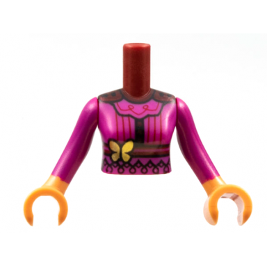 dark red torso mini doll woman magenta dress top with belt gold butterfly dark red trim black filigree pattern nougat arms with hands with magenta long sleeves