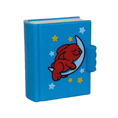 dark azure duplo utensil book with molded white pages and printed white and yellow stars crescent white moon with dark red sleeping bunny rabbit pattern