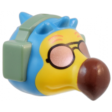 minifigure head modified bird dodo with molded sand green headset and yellow face and printed copper sunglasses orange eyebrows and reddish brown beak pattern