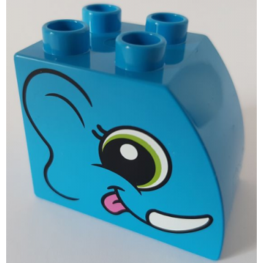 duplo brick 2 x 3 x 2 slope curved with circled black eye with lime highlight ear smile dark pink tongue and white tusk elephant head pattern on both sides