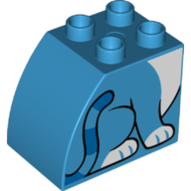duplo brick 2 x 3 x 2 slope curved with tail with blue stripes white paws and chest cat body pattern