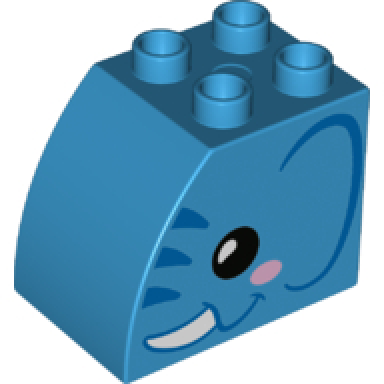 duplo brick 2 x 3 x 2 slope curved with black eye bright pink cheek white tusk and blue stripes ear and smile elephant head pattern on both sides
