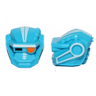 dark azure minifigure head modified galaxy squad robot with black rectangle right eye orange round left eye and white lines pattern