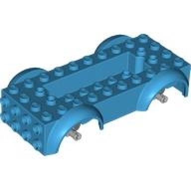 dark azure vehicle base 5 x 10 x 2 1 2 with mudguards and 6 x 2 recessed center with 3 holes with light bluish gray wheels holders attached