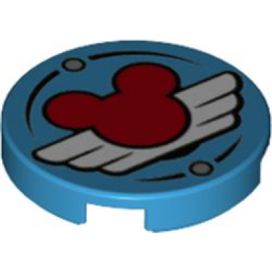 dark azure tile round 2 x 2 with bottom stud holder with red mickey mouse logo and white pilot wings pattern