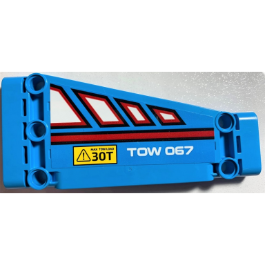 dark azure technic panel plate 5 x 11 x 1 tapered with white polygons outlined in red red line tow 067 and max tow load 30t pattern model left side sticker - set 42070
