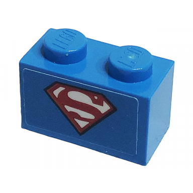 dark azure brick 1 x 2 with red white and black superman s logo pattern sticker - set 41233