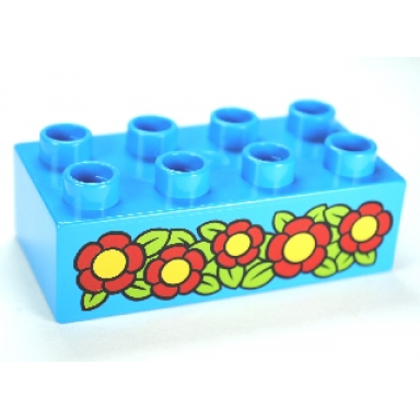 dark azure duplo brick 2 x 4 with red flowers pattern