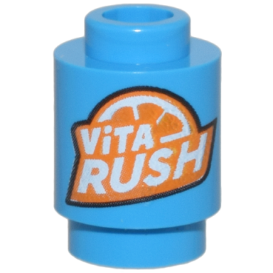 dark azure brick round 1 x 1 with orange and white vita rush logo pattern