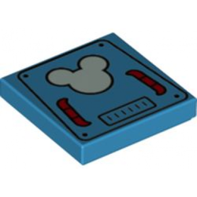 dark azure tile 2 x 2 with bright light blue mickey mouse logo on hatch with red handles pattern