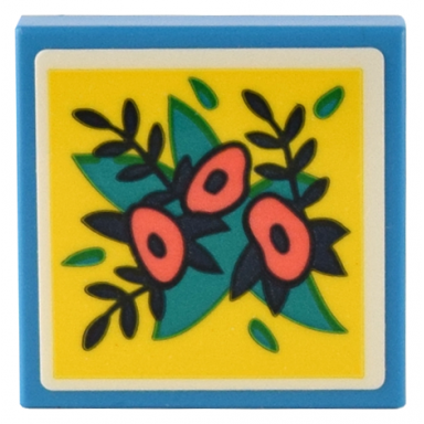 dark azure tile 2 x 2 with coral flowers dark turquoise and dark blue leaves on yellow background pattern sticker - set 41732