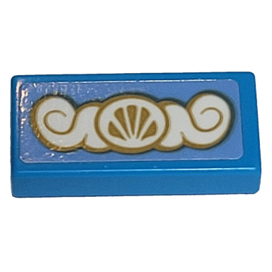 dark azure tile 1 x 2 with gold and white scrollwork with shell pattern sticker - set 41153