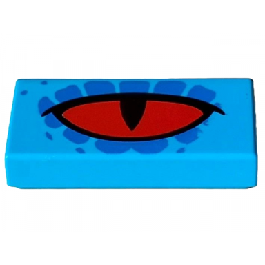 dark azure tile 1 x 2 with red eye black slit pupil and blue spots pattern