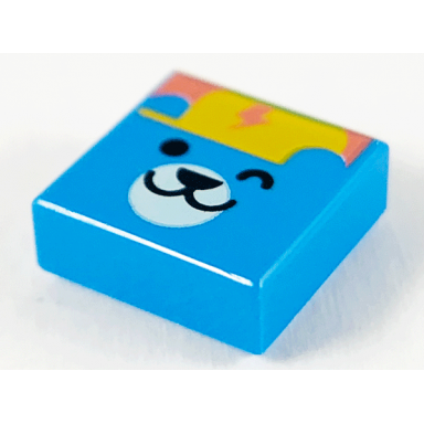 dark azure tile 1 x 1 with winking bear face bright light orange cap and coral lightning bolt pattern