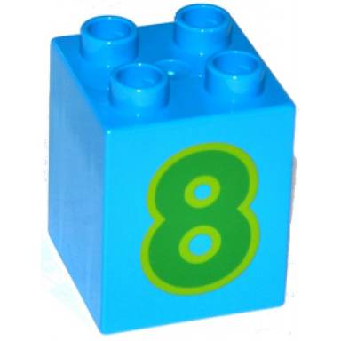dark azure duplo brick 2 x 2 x 2 with number 8 green pattern