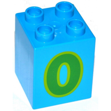 dark azure duplo brick 2 x 2 x 2 with number 0 green pattern