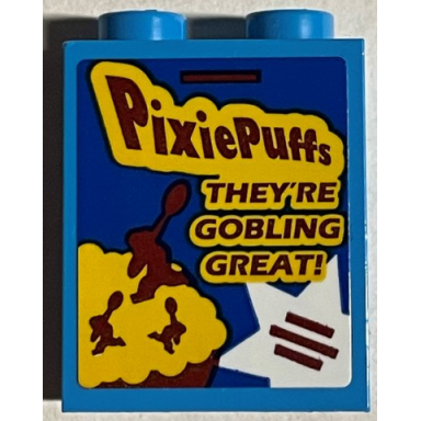 dark azure brick 1 x 2 x 2 with inside stud holder with dark red pixiepuffs and theyre gobling great! cereal with white star pattern sticker - set 76389