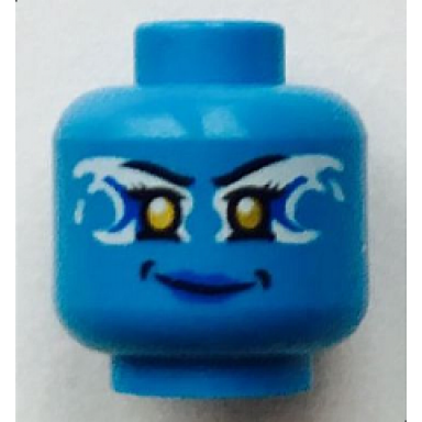 dark azure minifigure head alien female yellow eyes and white and blue airjitzu electricity pattern