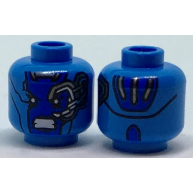 dark azure minifigure head alien female with blue face mechanical left eye angry expression and silver stripes on back pattern nebula