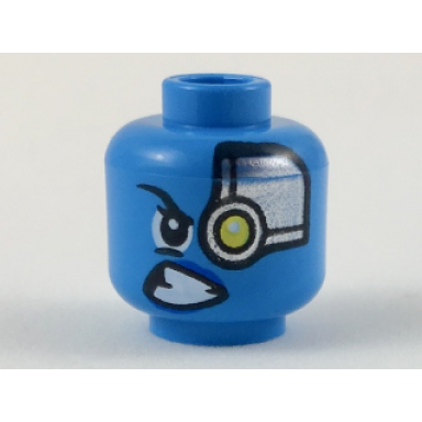dark azure minifigure head alien female with silver head plate with yellow robot eye on left lopsided scowl pattern