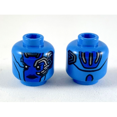 dark azure minifigure head alien female with blue face dark blue lips mechanical left eye silver stripes on back neutral pattern