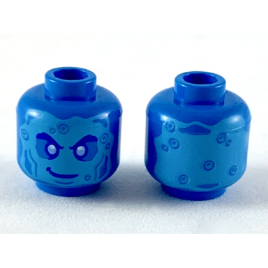 dark azure minifigure head alien with medium azure face bright light blue eyes bubbles and lopsided smile pattern