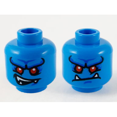 dark azure minifigure head dual sided alien pronounced brow red eyes white fangs lopsided smile lopsided frown pattern