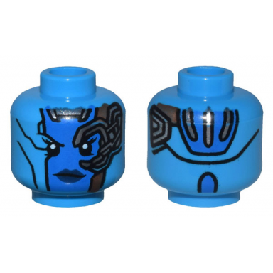 dark azure minifigure head alien female with blue face dark blue lips mechanical left eye copper plates and silver stripes on back pattern