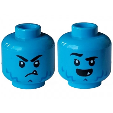 dark azure minifigure head dual sided alien black eyebrows blue beard stubble white sharp tooth angry frown open mouth smile right raised eyebrow pattern