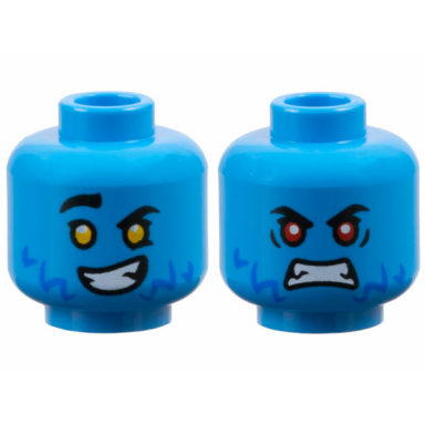 dark azure minifigure head dual sided black eyebrows blue fur white teeth smile with bright light orange eyes scowl with red eyes pattern