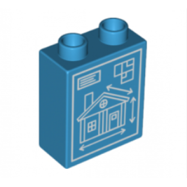 dark azure duplo brick 1 x 2 x 2 with house blueprint pattern