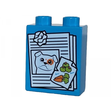 dark azure duplo brick 1 x 2 x 2 with white paper with dog and orange and lime apples and carrots pattern paper waste garbage
