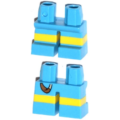 dark azure legs short with molded horizontal yellow stripes and printed slingshot band and pouch pattern