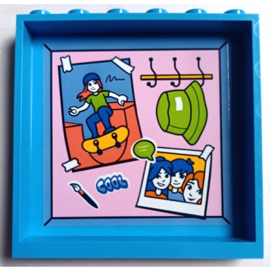 dark azure panel 1 x 6 x 5 with paint brush cool lime hat on hooks taped poster of skateboarder and photo of friends characters on bright pink background pattern sticker - set 41739