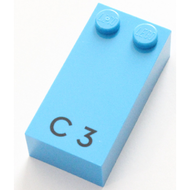 dark azure brick braille 2 x 4 with 2 studs with black capital letter c number 3 pattern dots-14 â 